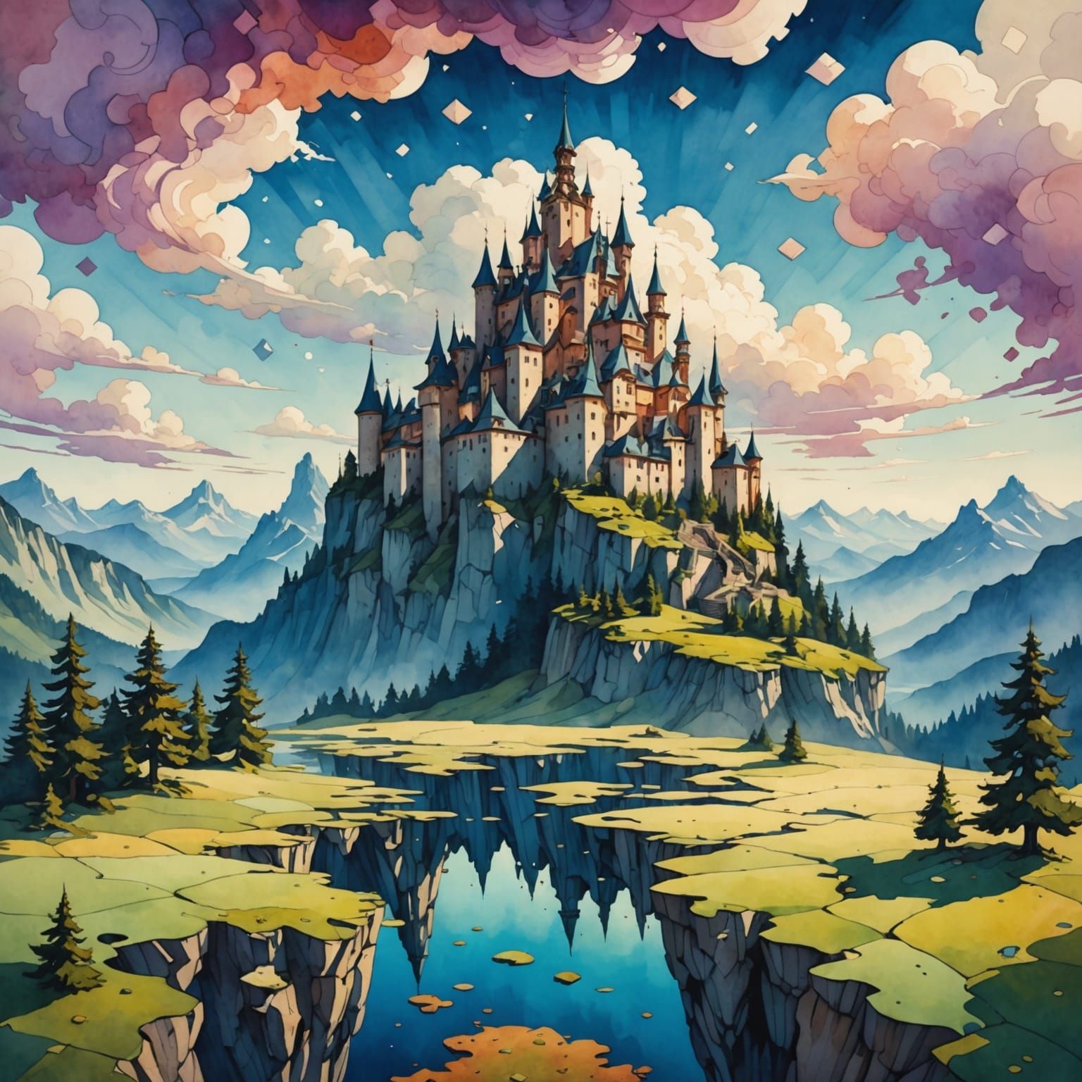 Surreal Watercolor: Upside-Down Mountains & Puzzle Ground