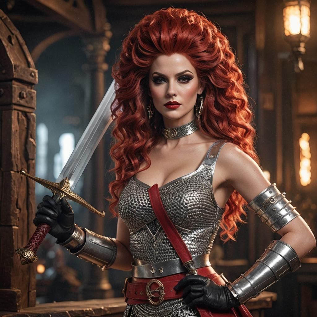 Red Sonja, chainmail bikini , 1970’s red bouffant hair, blac...