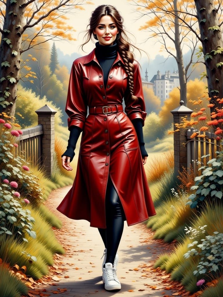 Elegant Woman in English Landscape, Mucha and Klimt Style