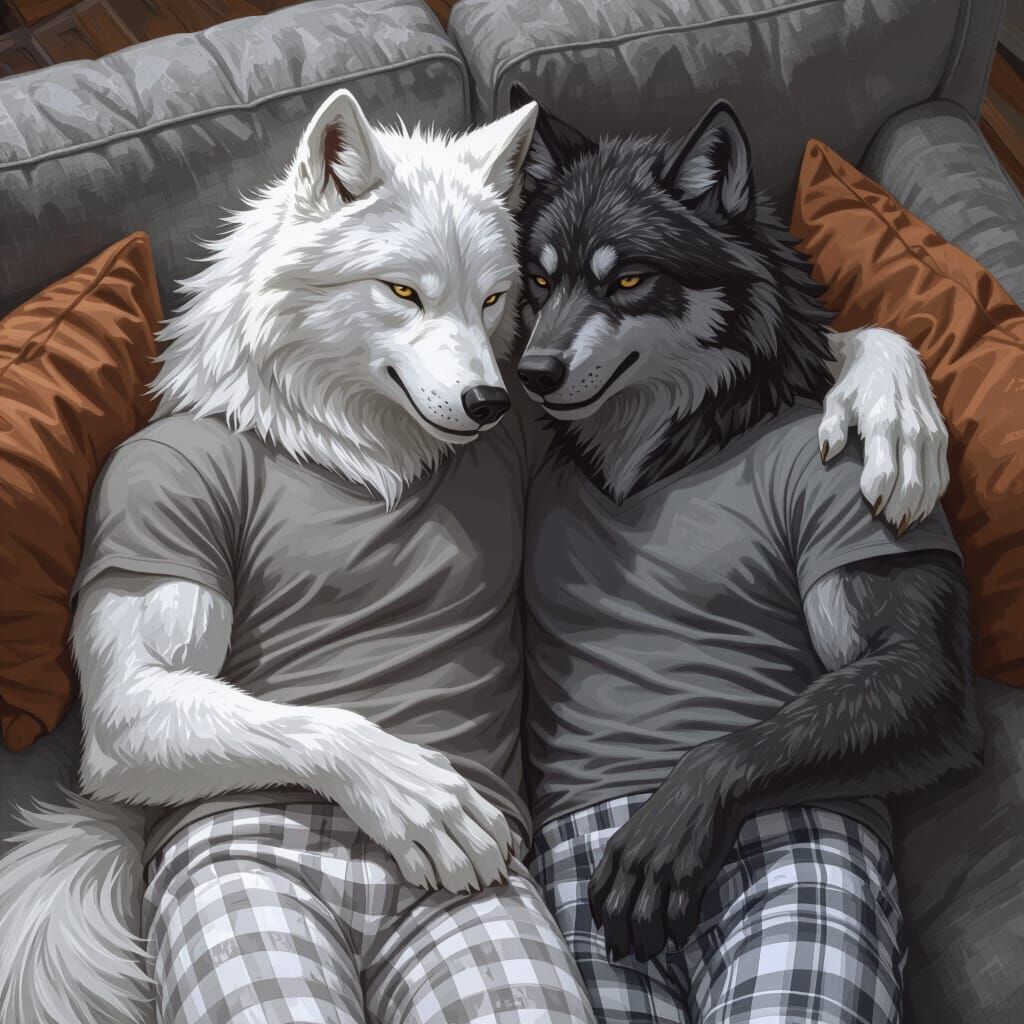 Two Muscular Wolves Cuddle on Couch in Pajamas