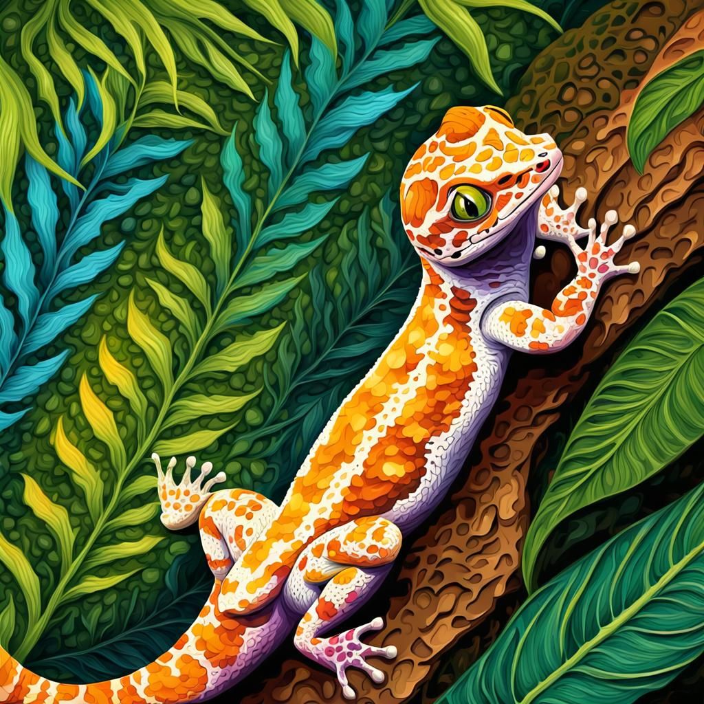 Leopard Gecko in Jungle, Impasto Oil Painting