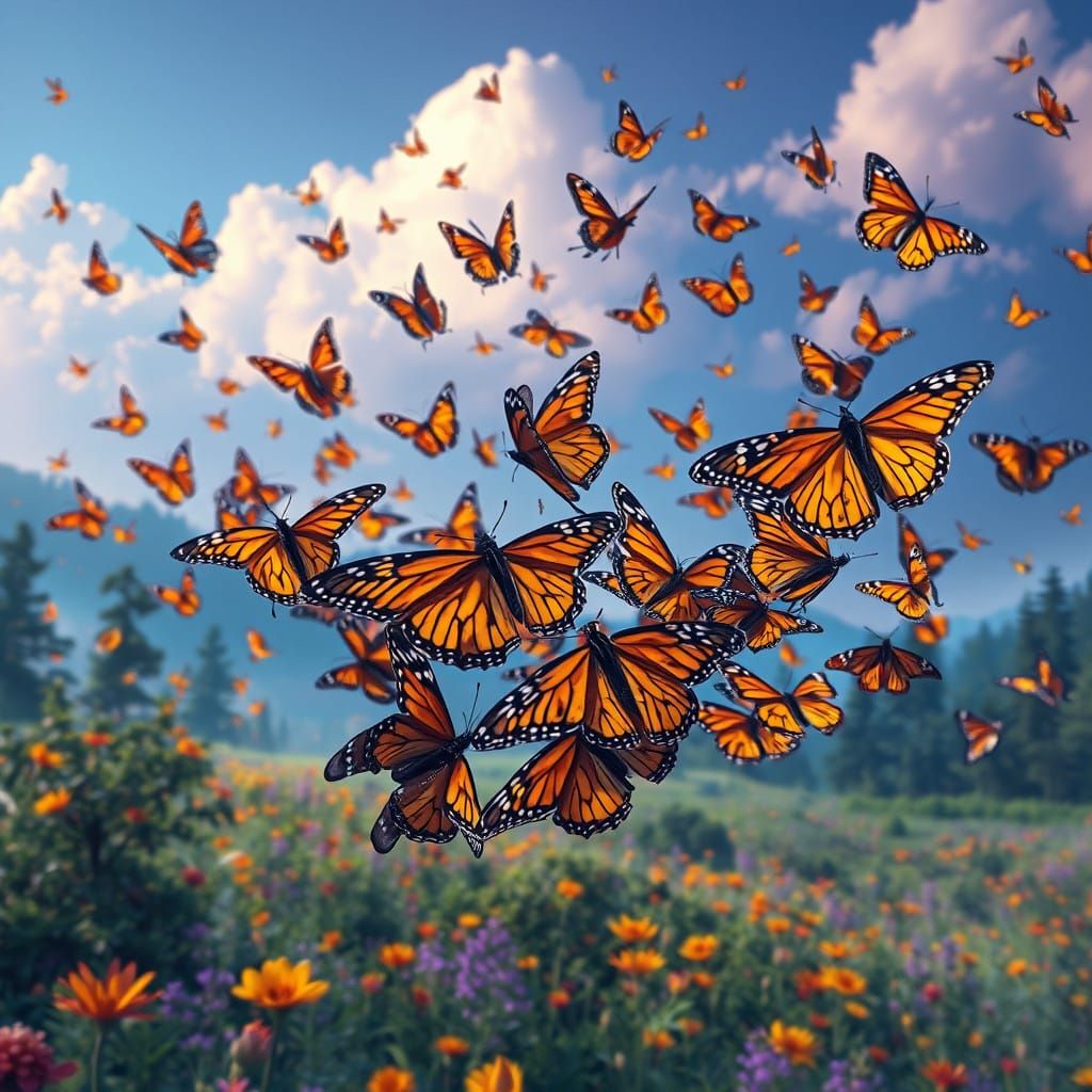 Majestic Monarch Butterflies Soar Through a Vibrant, Mystica...