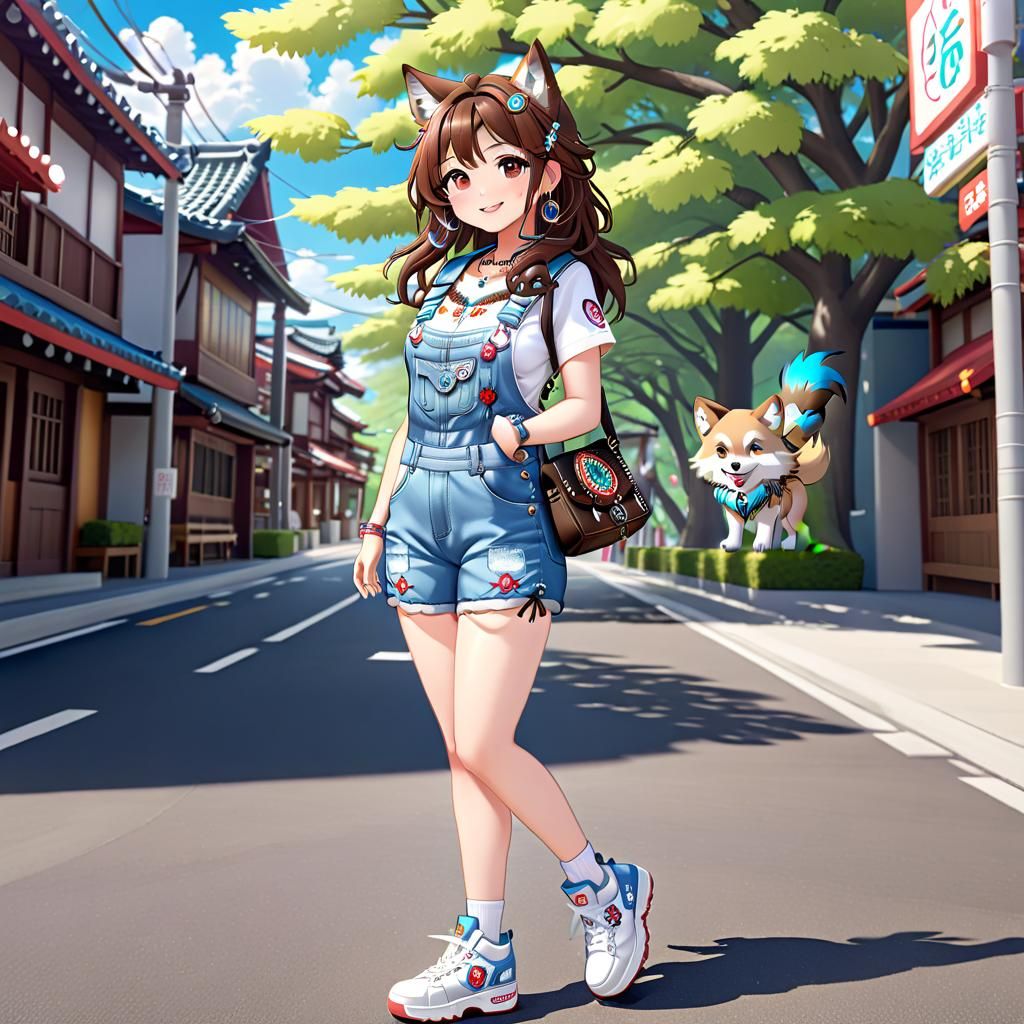 Anime Chibi Girl in Overalls with Wolf Accessories