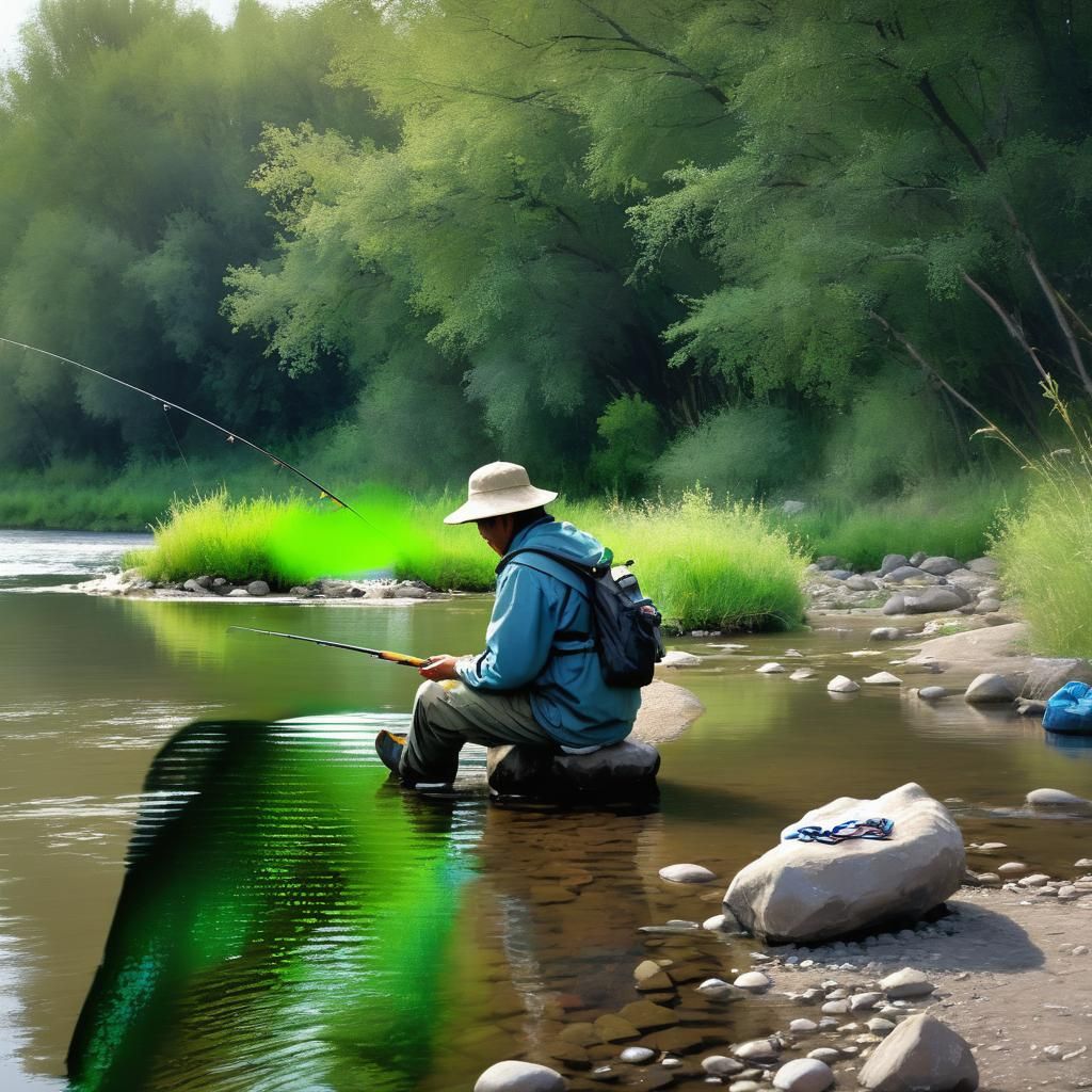 Fisherman Reflects by Serene River Waters