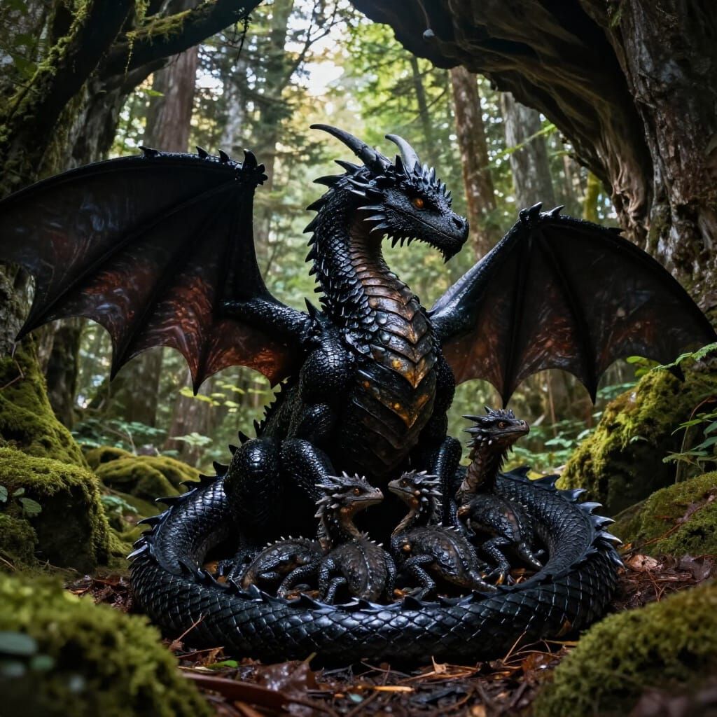 Majestic Dragon Mother and Hatchlings in Forest Cavern