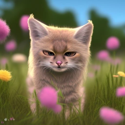 Fluffy Sand Cat in Sunny Flower Meadow
