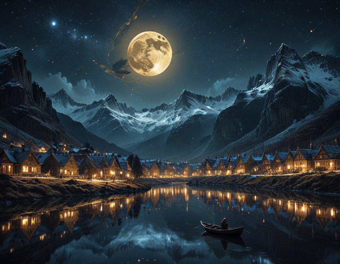 Golden Moon Rises Over Medieval Town in Mystical Scene