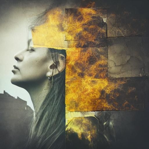 Double Exposure Portrait of Woman and Burning City