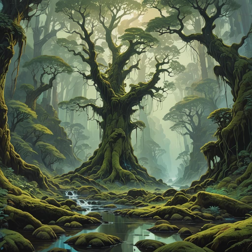 Lush Green Mountain Landscape in Oil Painting Style