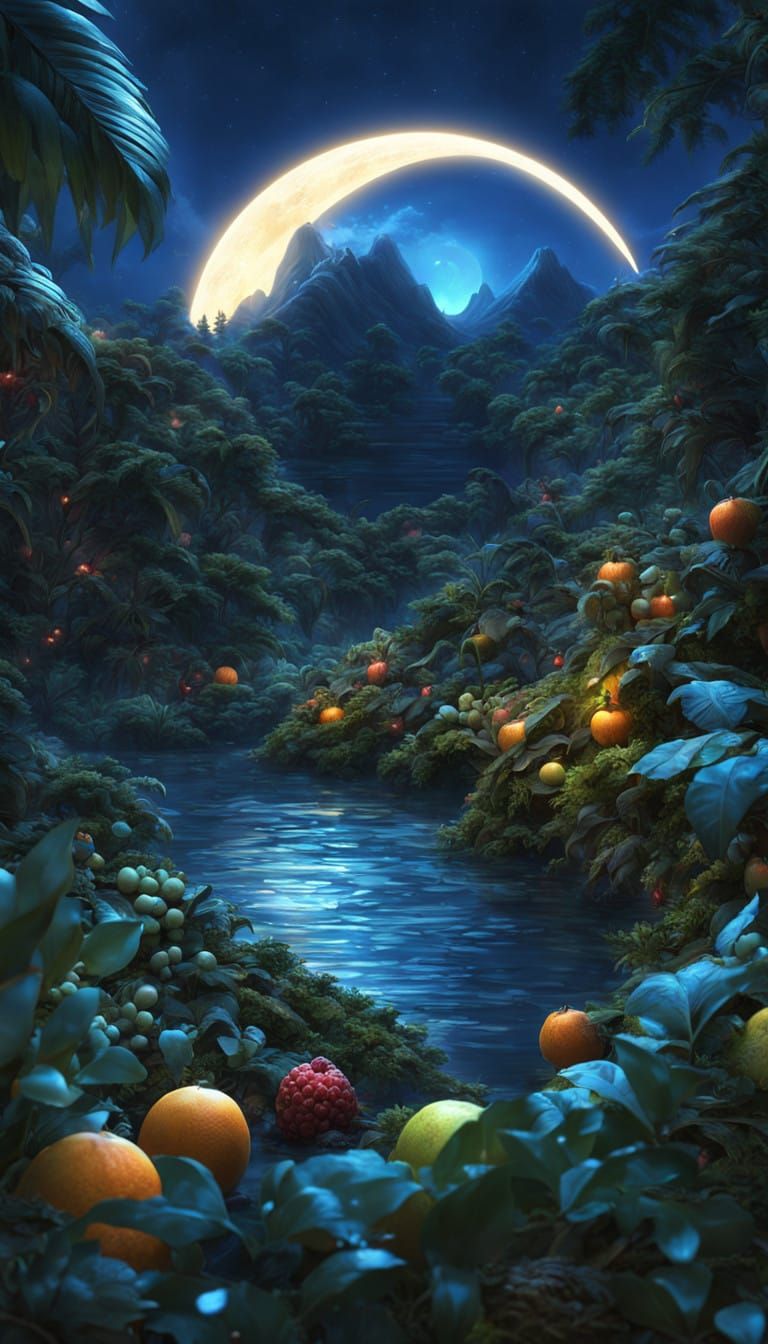 Luminous Crescent Moon in a Nighttime Jungle Realm