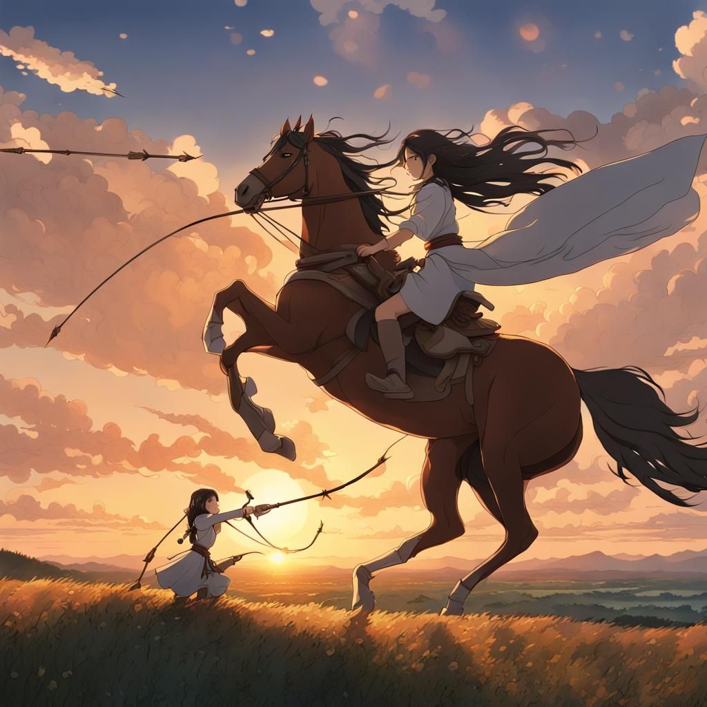 Anime Woman on Horseback at Sunset