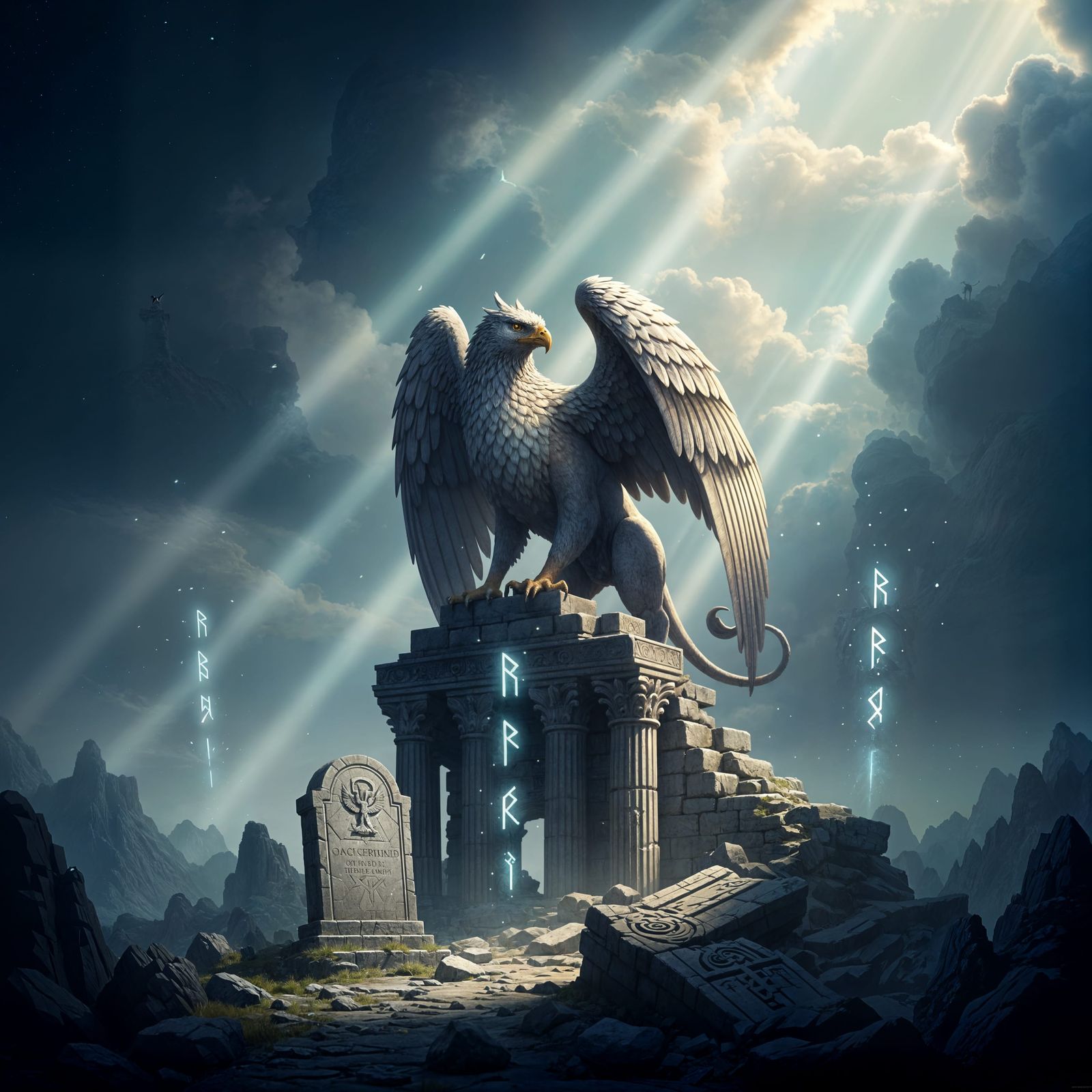 Majestic Griffin Guards Ancient Temple Ruins with Ethereal L...