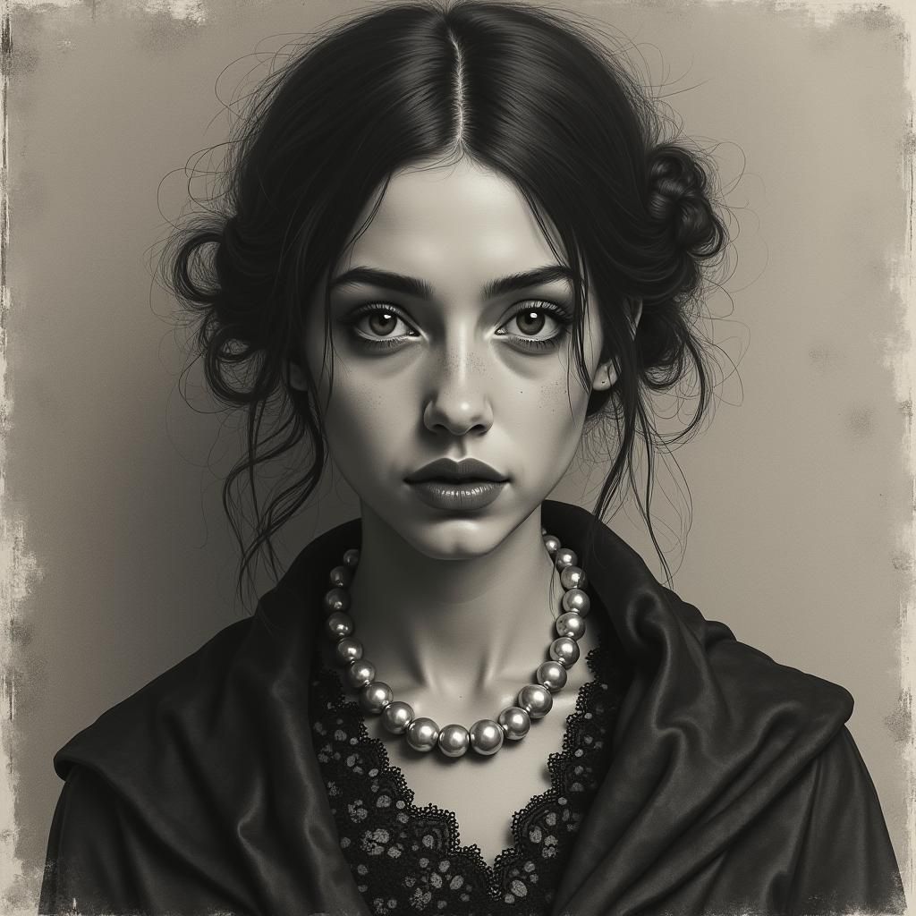 Charcoal Portrait of Woman in Victorian Shawl
