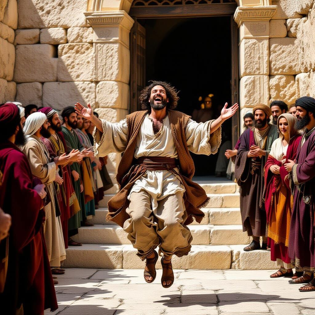 Joyful Man Leaps Outside Jerusalem Temple: Dramatic Baroque ...
