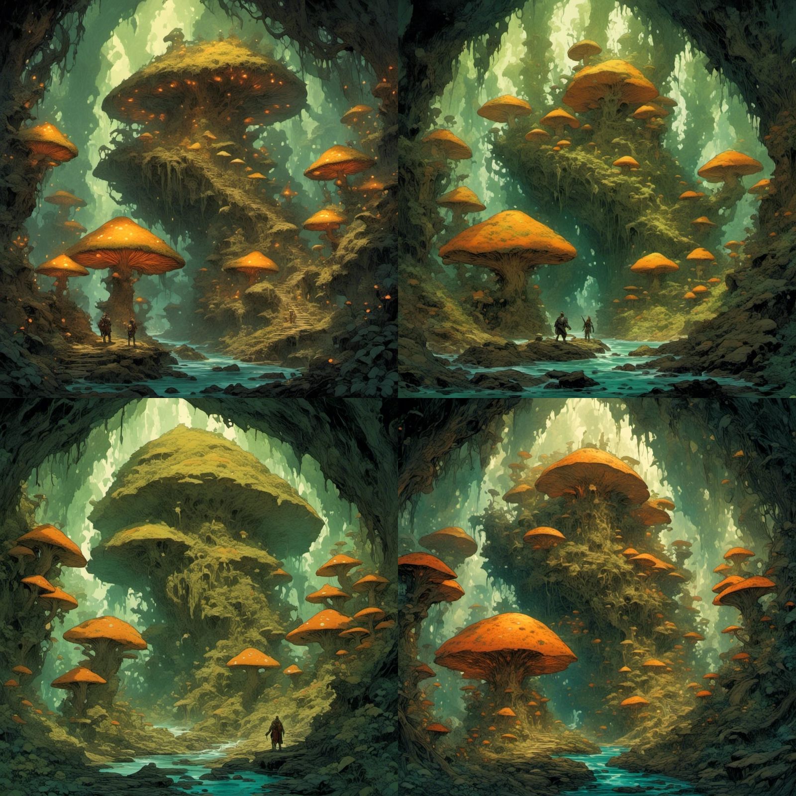 Mushroom Warrior in Underground Cavern: Fantasy Illustration