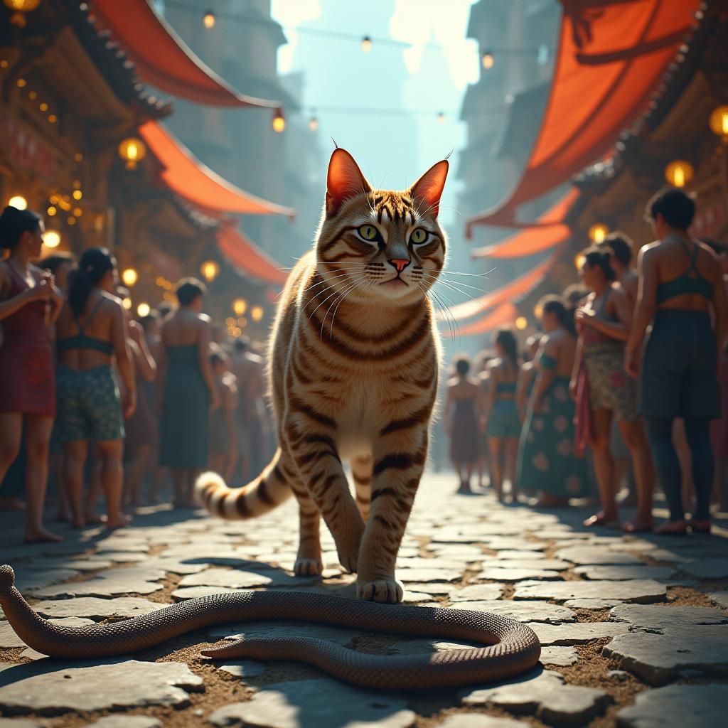 Victorious Muscular Cat in Fantasy Market, Detailed Matte Pa...