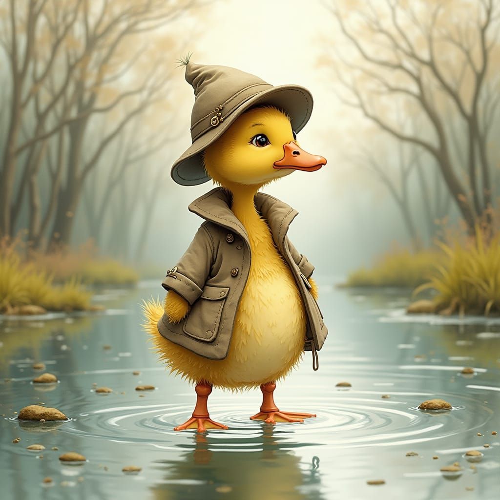 Whimsical Duckling in River, Watercolor Style