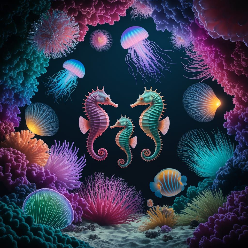 Pastel Seahorse Family in Vibrant Coral Reef