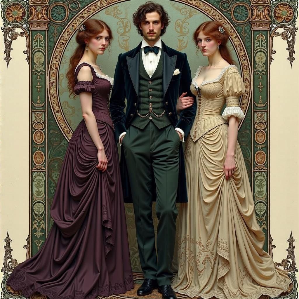 Victorian Man Between Two Women: Pre-Raphaelite Style