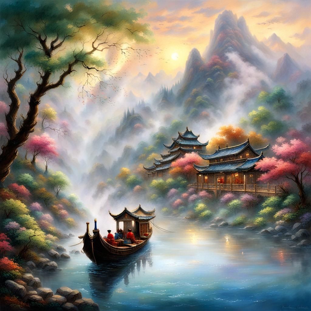 Sampan on Chinese River in Ethereal Fantasy Style