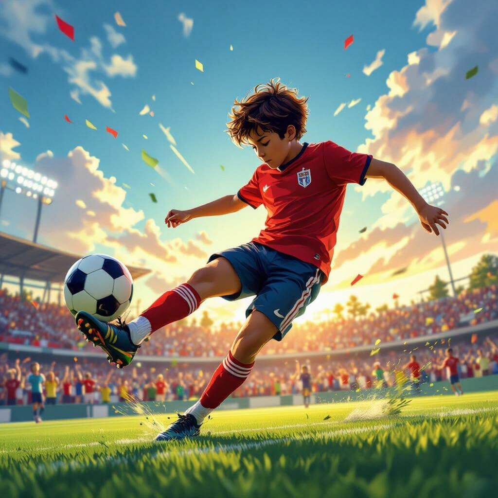 Dynamic Football Player on Green Field, Digital Illustration