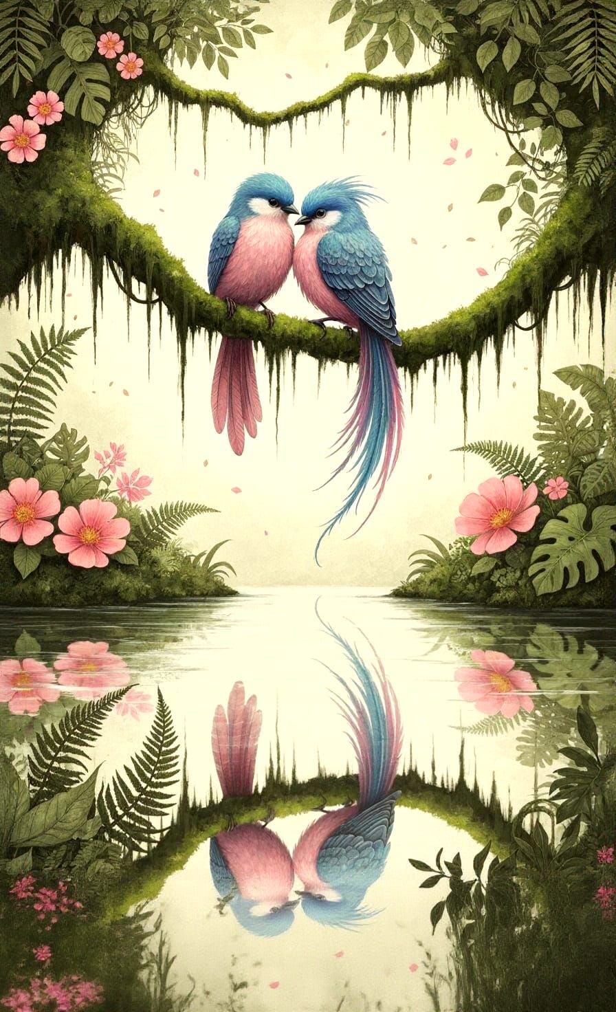 Colorful Birds in Jungle, Inky Paint Style