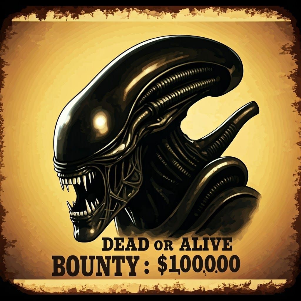 Vintage Xenomorph Wanted Poster in Fantasy Realism Style