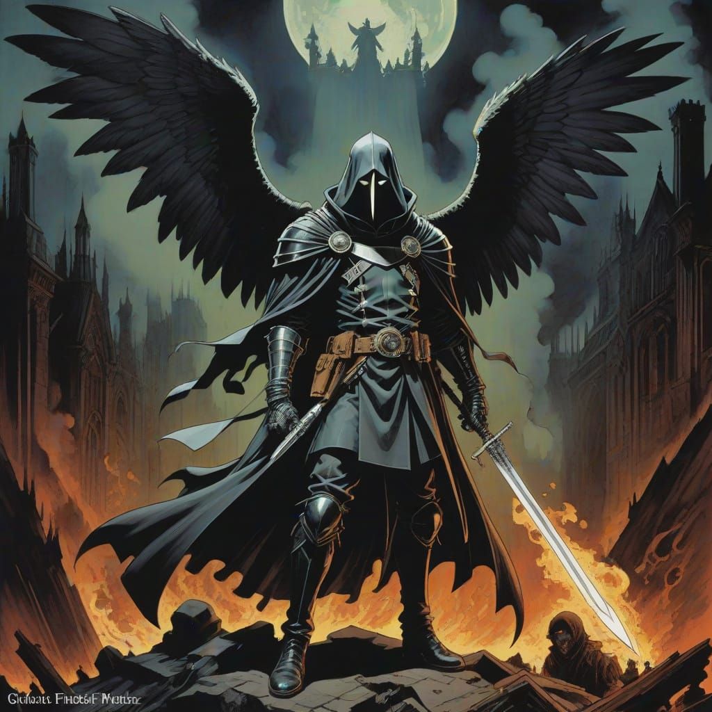 Dark Angel with Flaming Sword in a Gothic Comic Book Style