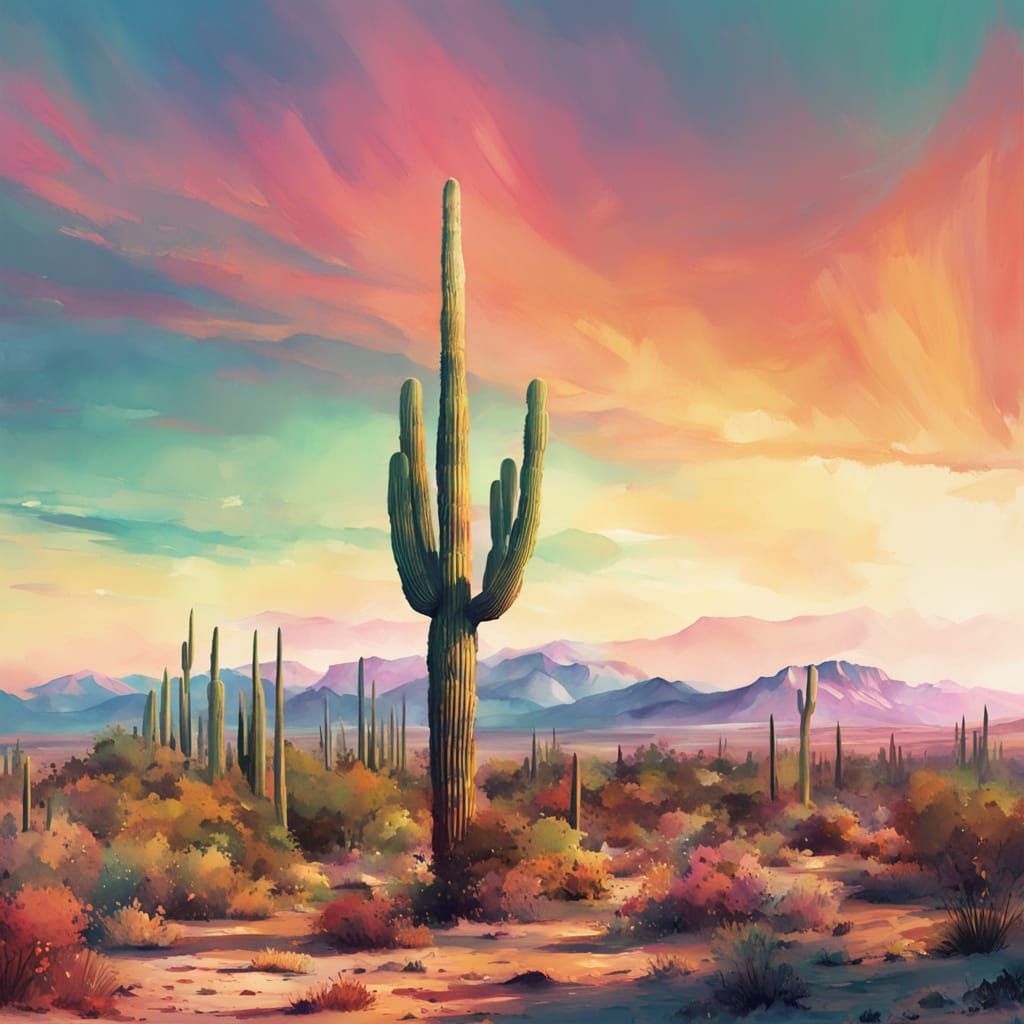 Watercolor Desert Landscape with Majestic Saguaro Cactus
