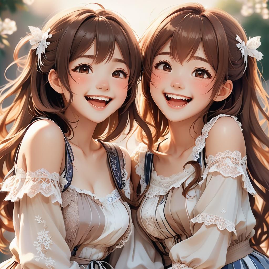 Two Brown-Haired Girls Laughing in Anime Art