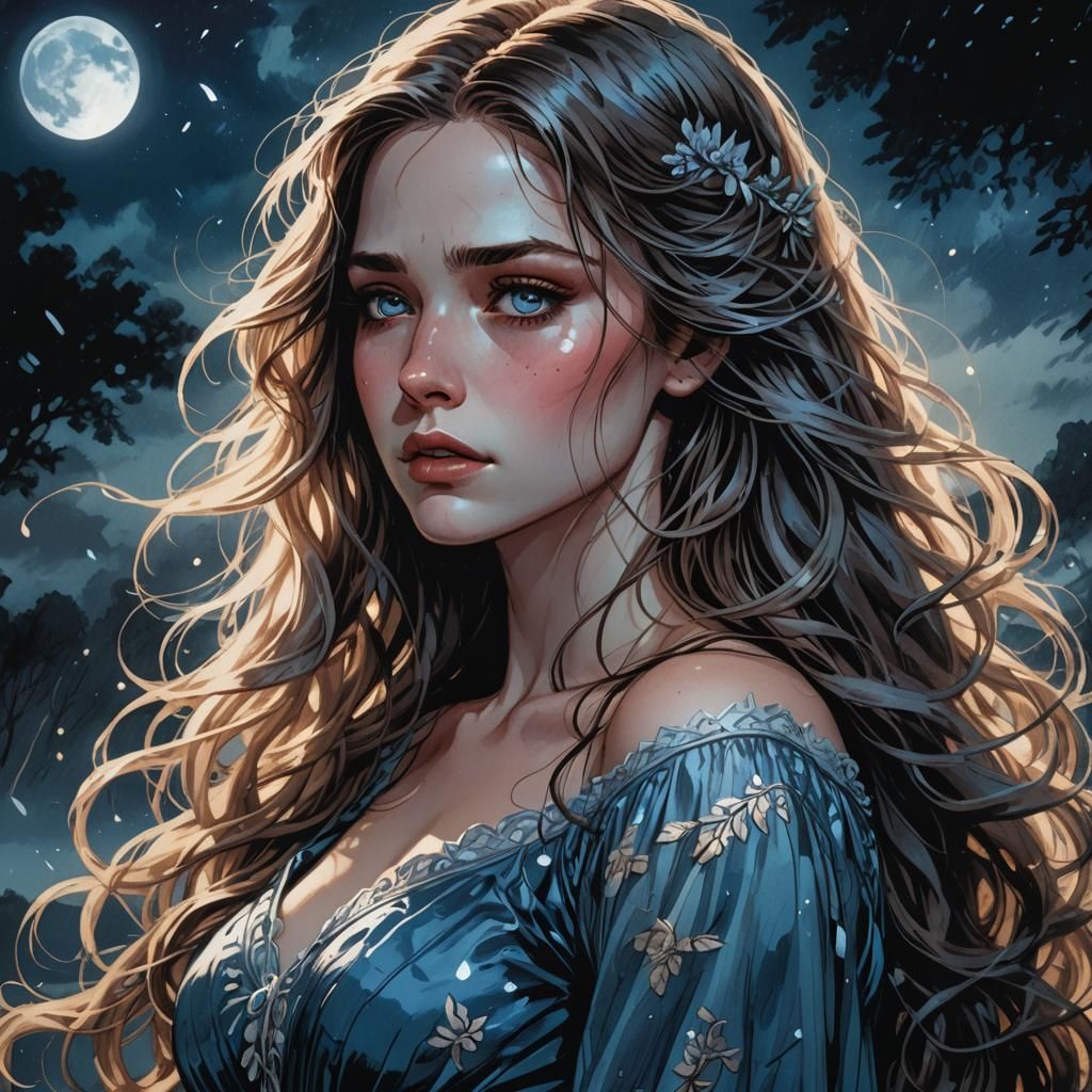 Heartbroken Girl Cries in Moonlit Comic Book Art