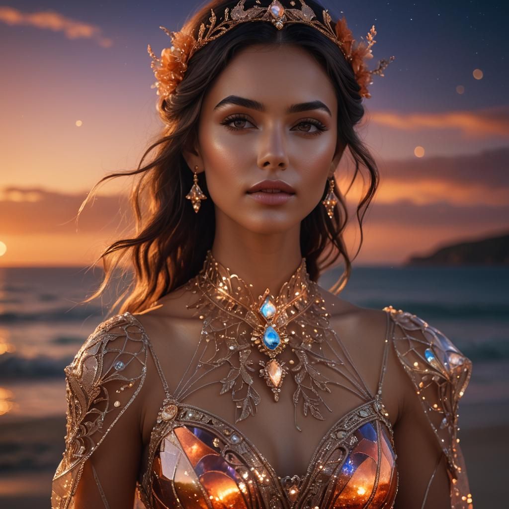 Woman in Glass Dress with Sunset Sky Background