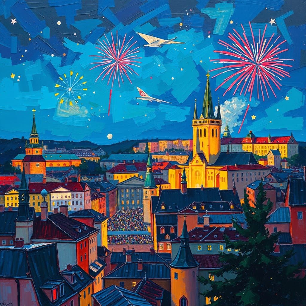 Neo-Impressionist Prague Cityscape Celebrating New Year's Ev...