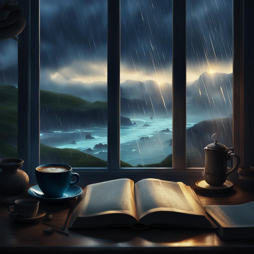 Rainy Beach View: Coffee and Book, Digital Matte Painting