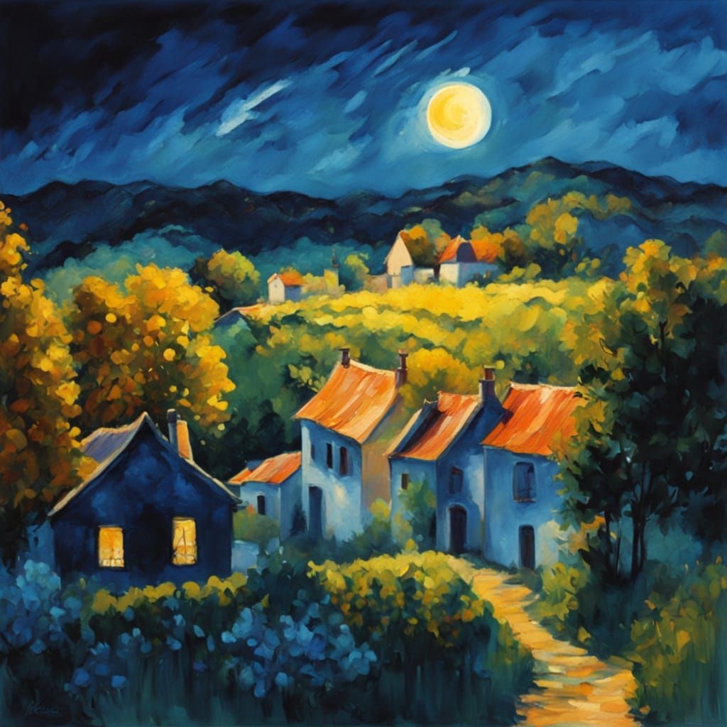 Moonlit Village Landscape Impasto Gouache Masterpiece