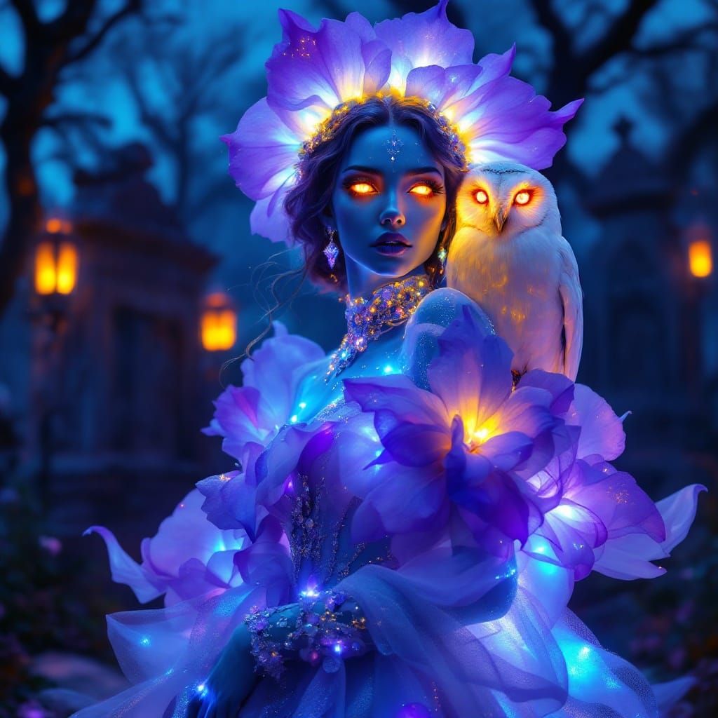Mystical Woman in Midnight Graveyard with Ethereal Glow