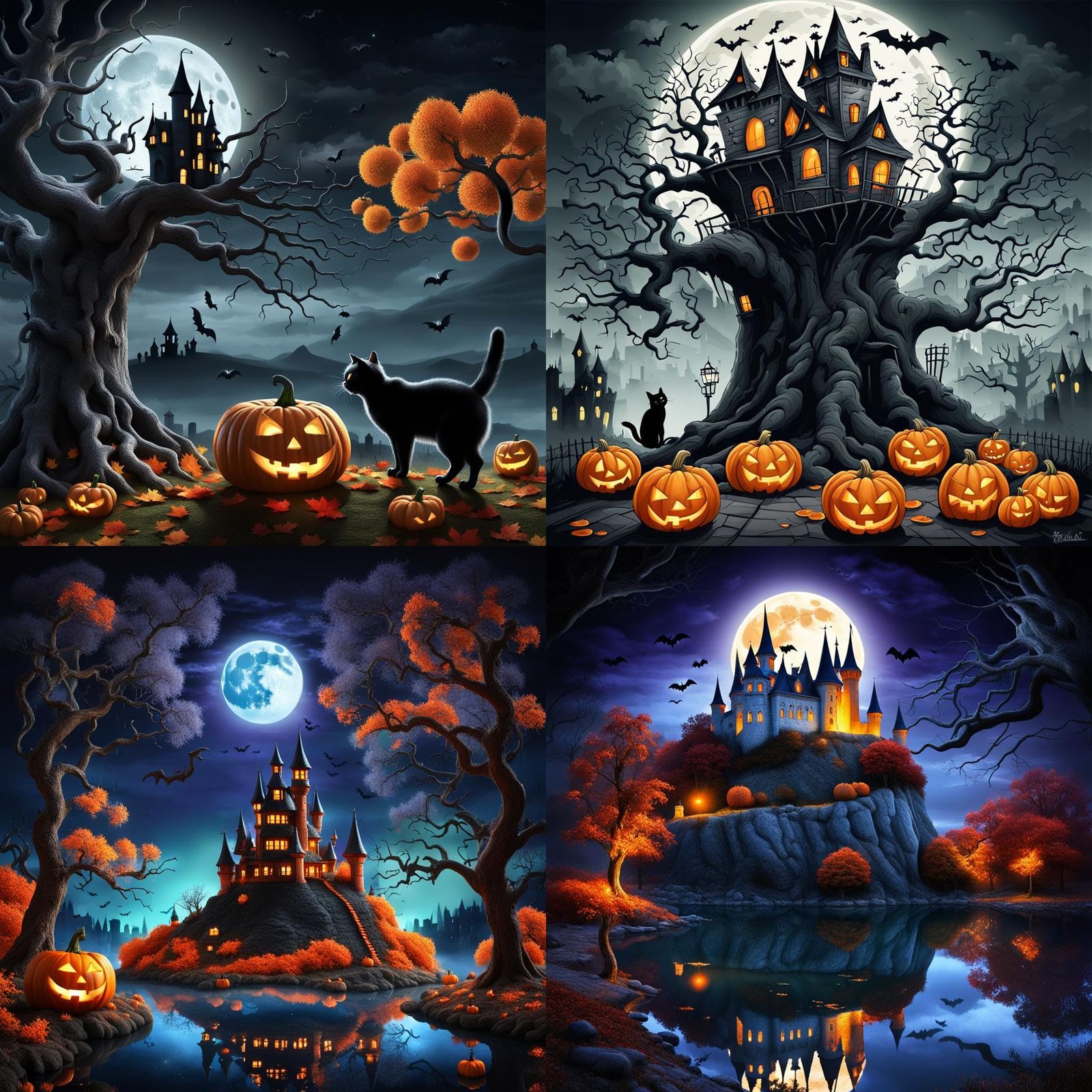 Halloween Fantasy Castle with Full Moon in Graffiti Art