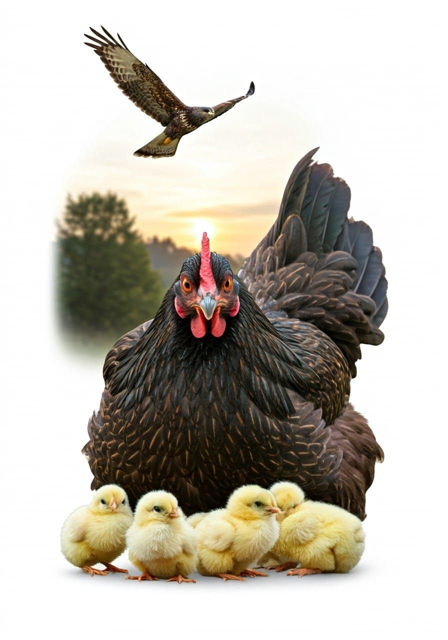 Majestic Hen Protects Flock Amidst Dawn's Golden Glow