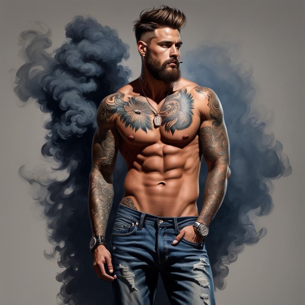 Sketch Portrait of a Handsome Modern Man Smoking