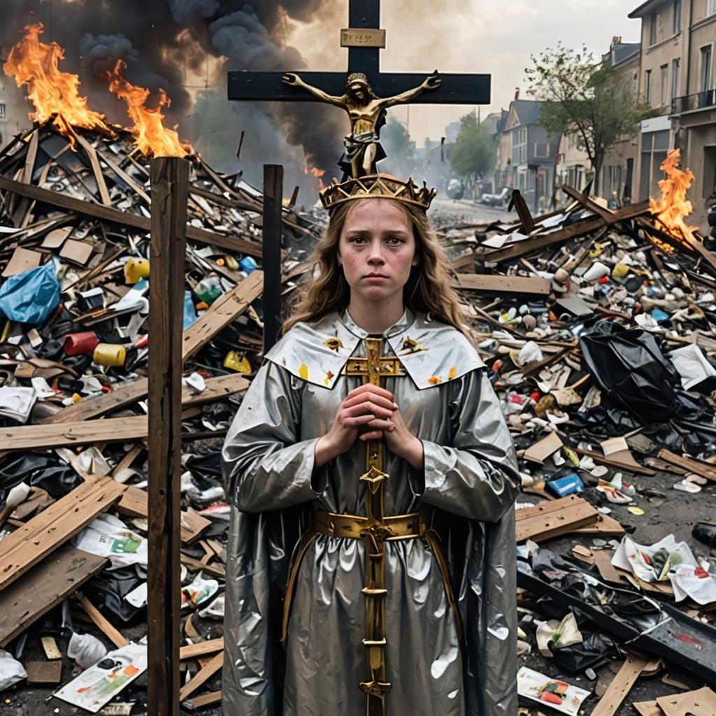 Greta Thunberg as Saint Joan on Burning Crucifix