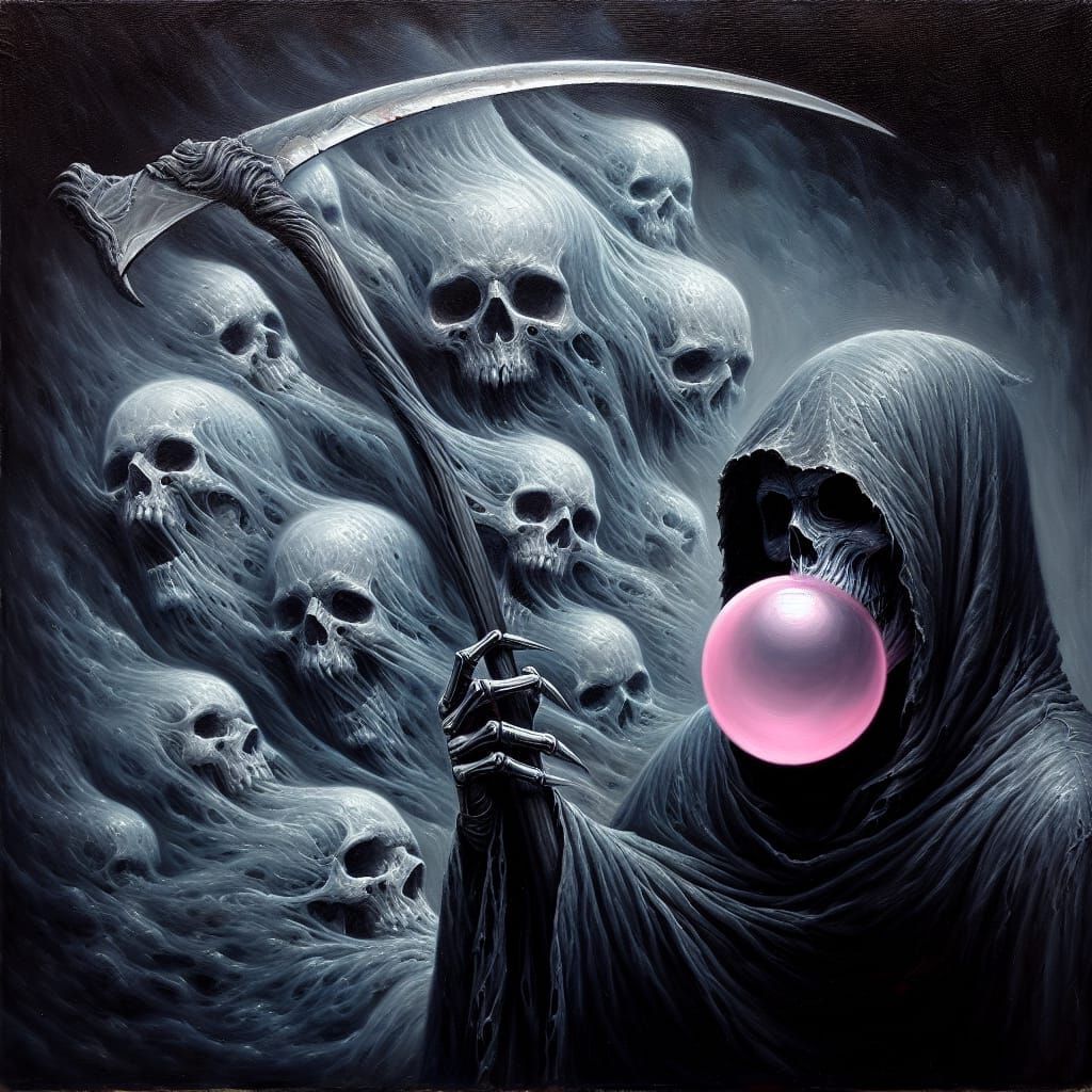 Dark Mystical Oil Painting of Grim Reaper Blowing Bubblegum