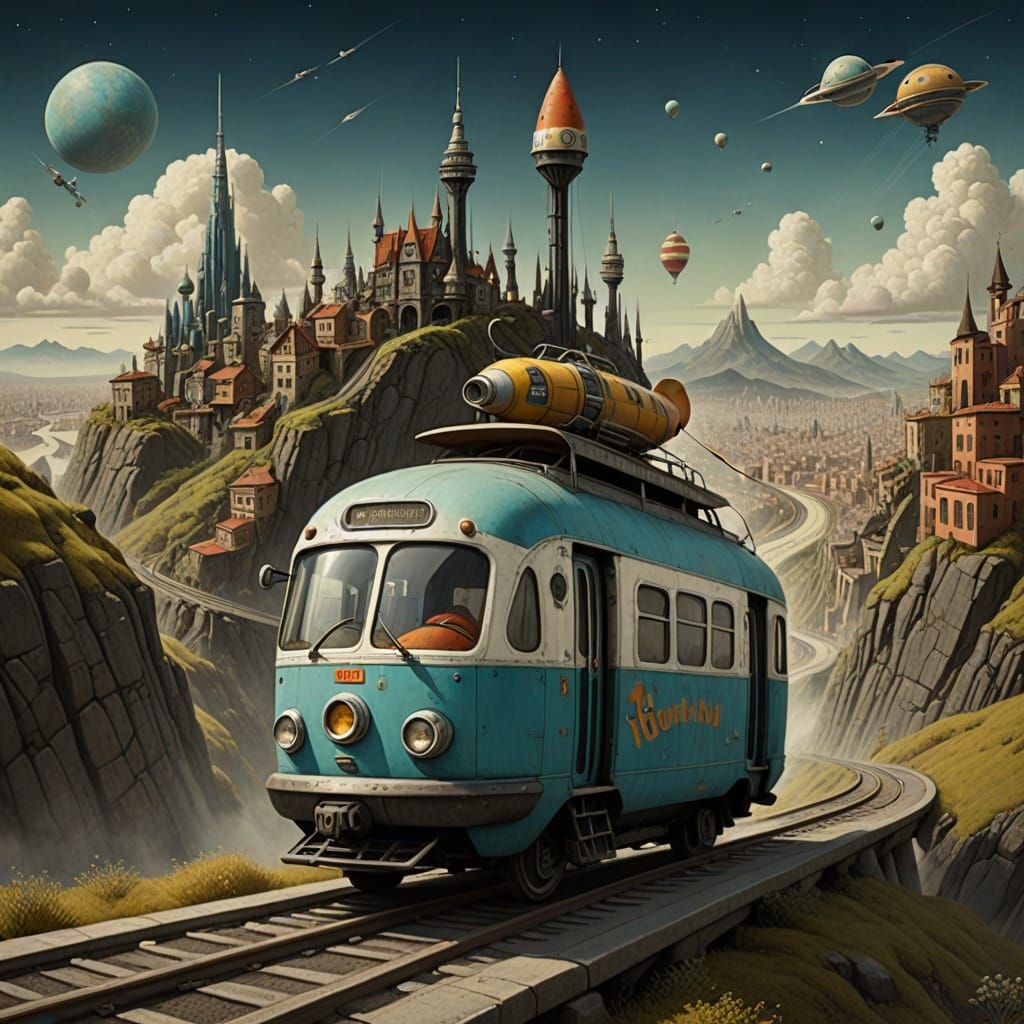 Futuristic Trolley Car Ascents to Cyberpunk Metropolis