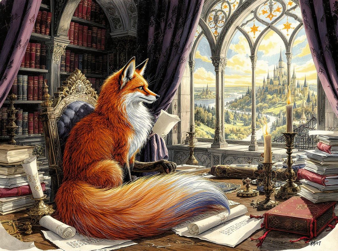 Magical Fox in Medieval Office with Fantasy View