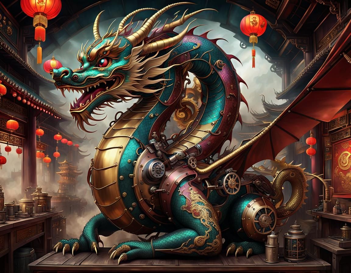 Steampunk Chinese Dragon in Rich Metallic Colors