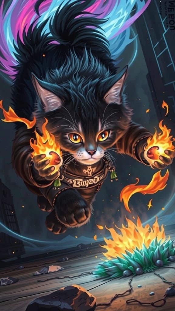 Chibi Demonic Kitten Conjures Flames in Whimsical Painting