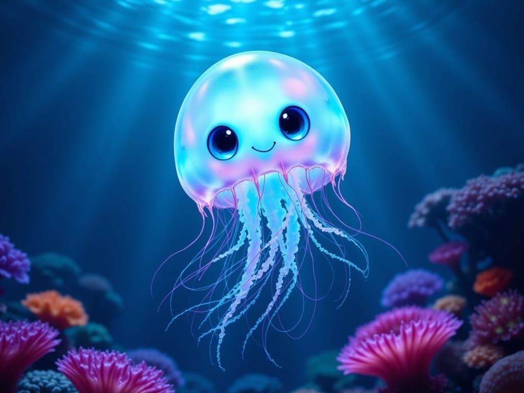 Adorable Bioluminescent Jellyfish in a Colorful Underwater S...
