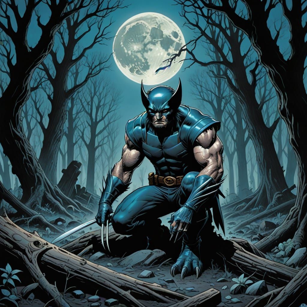 Wolverine Kneels in Moonlit Dead Forest