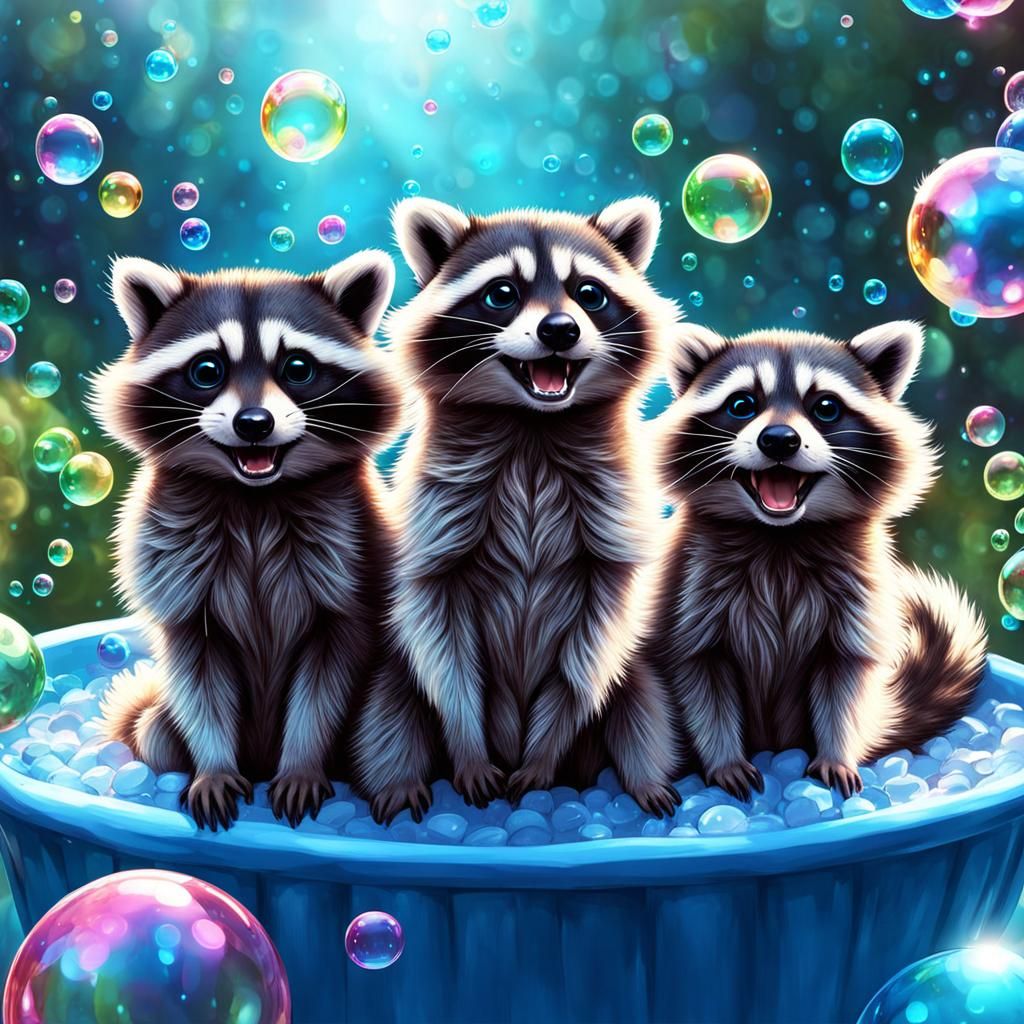 Raccoons Have a Bubble Party in Photorealistic Style
