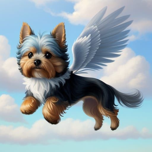 Whimsical Yorkshire Terrier Soars Through Cotton Candy Cloud...