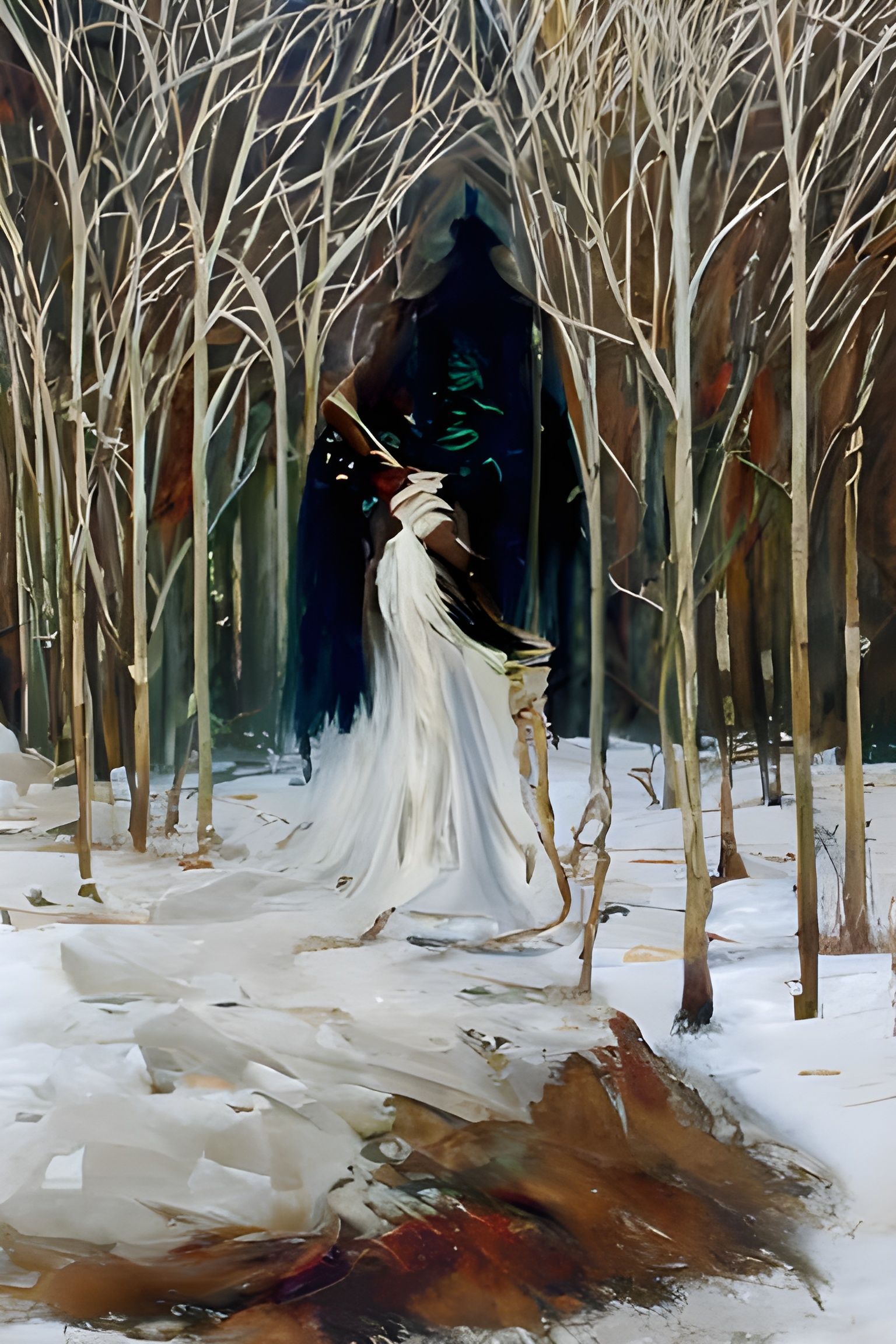 Winter Girl in Forest: Sinister Oil Painting